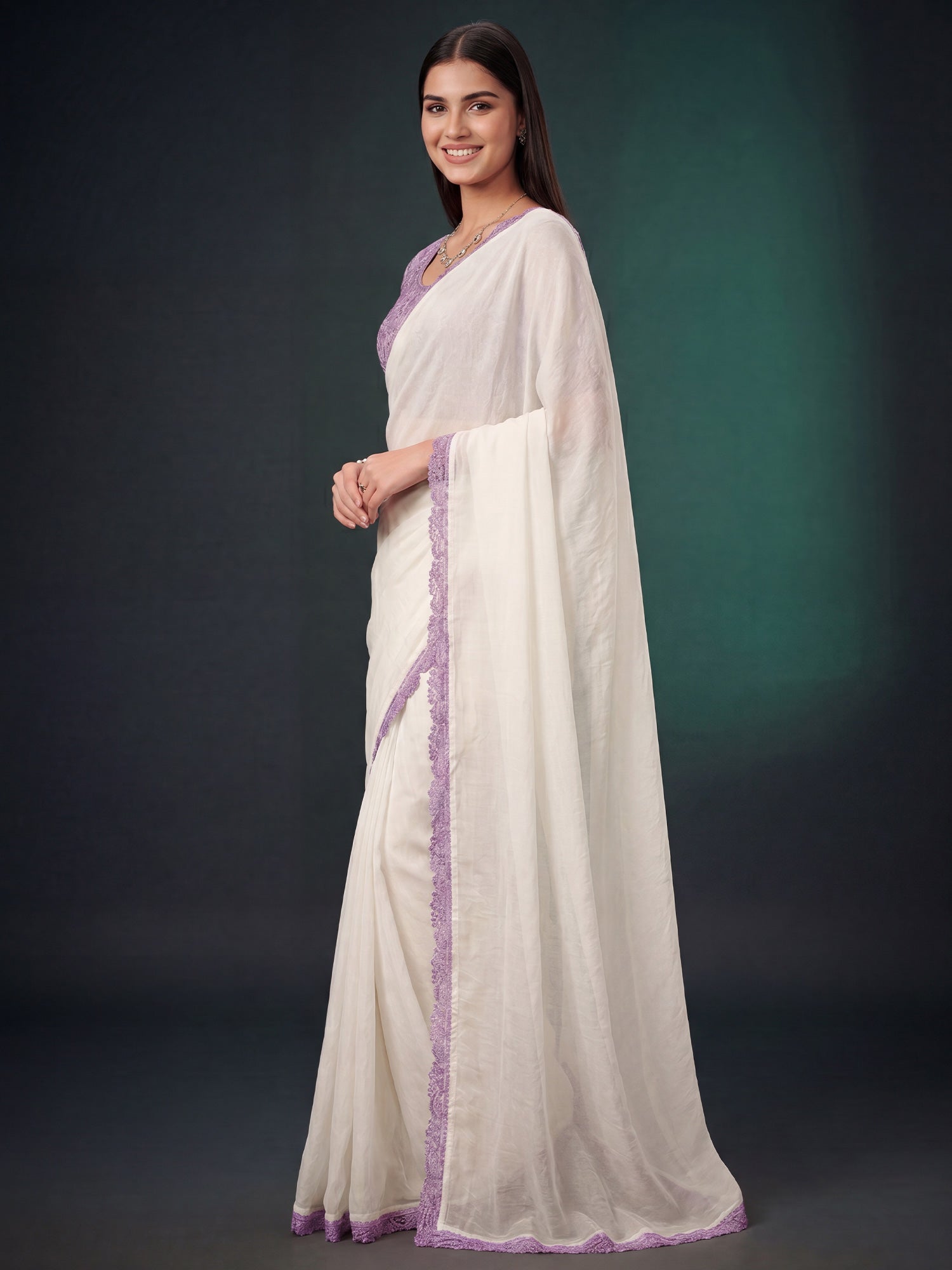 White Georgette saree – detail view 2