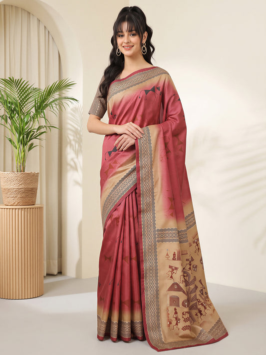 Woman wearing red silk blend saree with tribal folk-art motifs and beige blouse