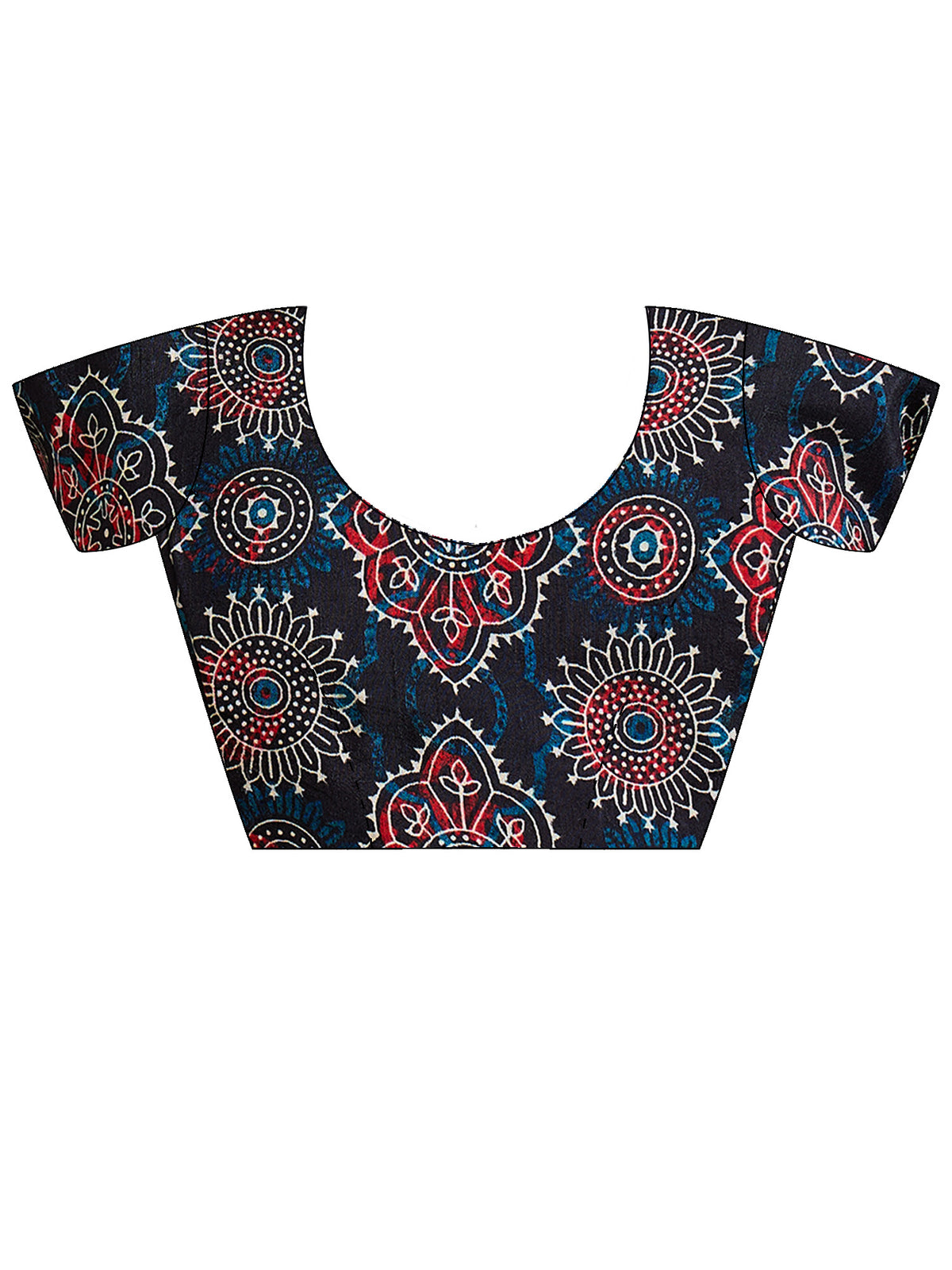 Unstitched navy blue viscose silk blouse piece with ajrak design