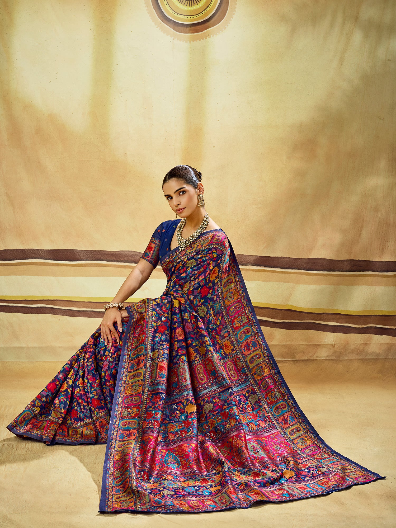 Navy Blue Muga Cotton saree – detail view 2
