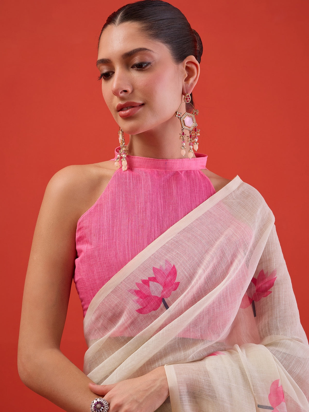 White Chanderi Cotton saree – detail view 3