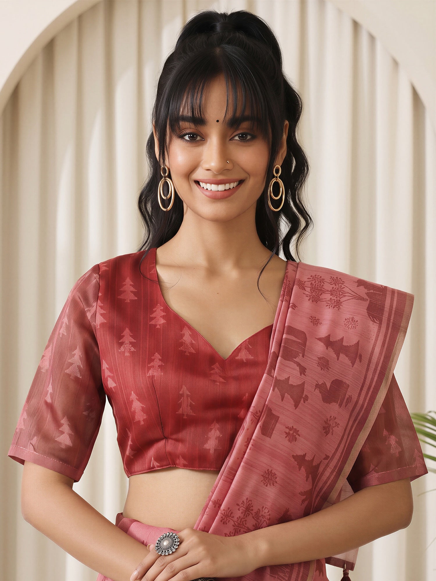 Peach Cotton Linen saree – detail view 4