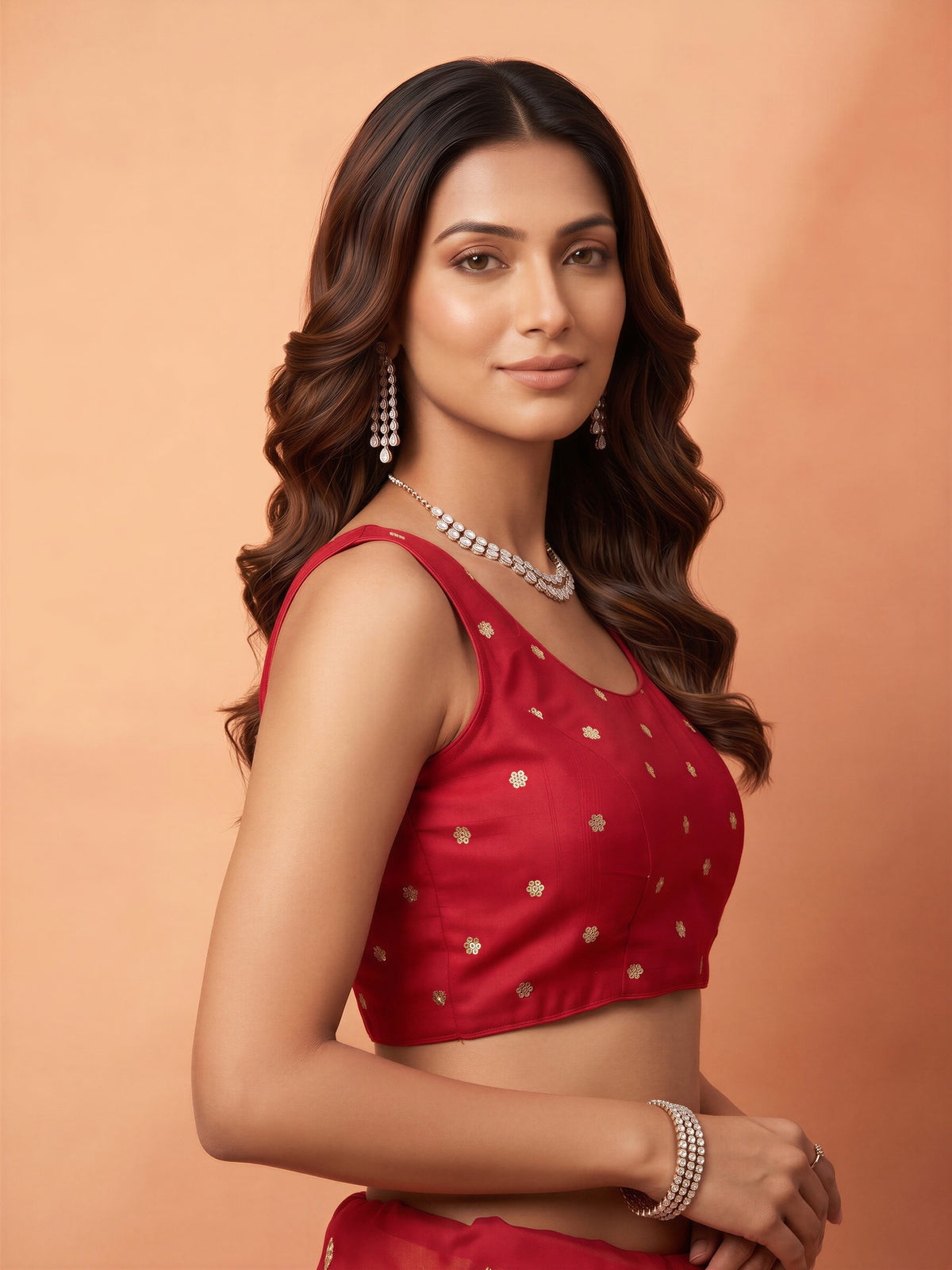 Red sequin embellished chinnon sleeveless readymade saree blouse with round neck view 2