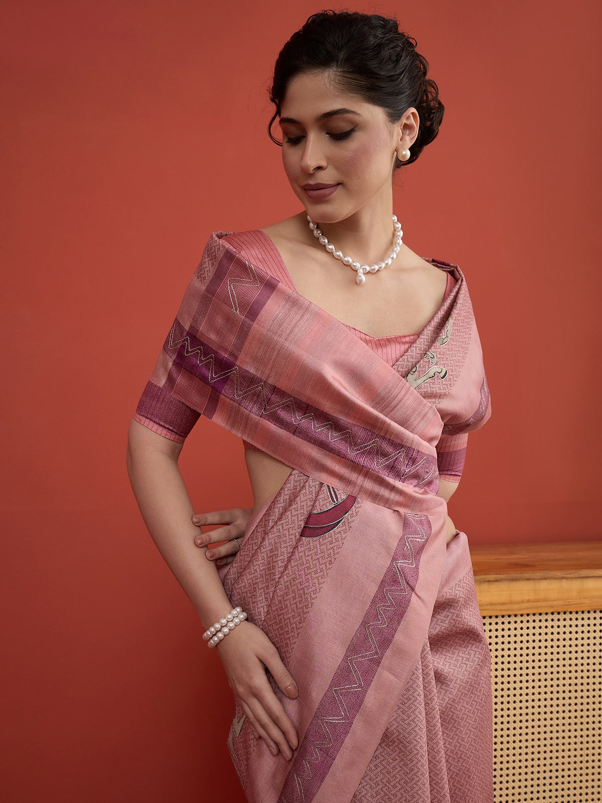 Pink art silk saree view 6