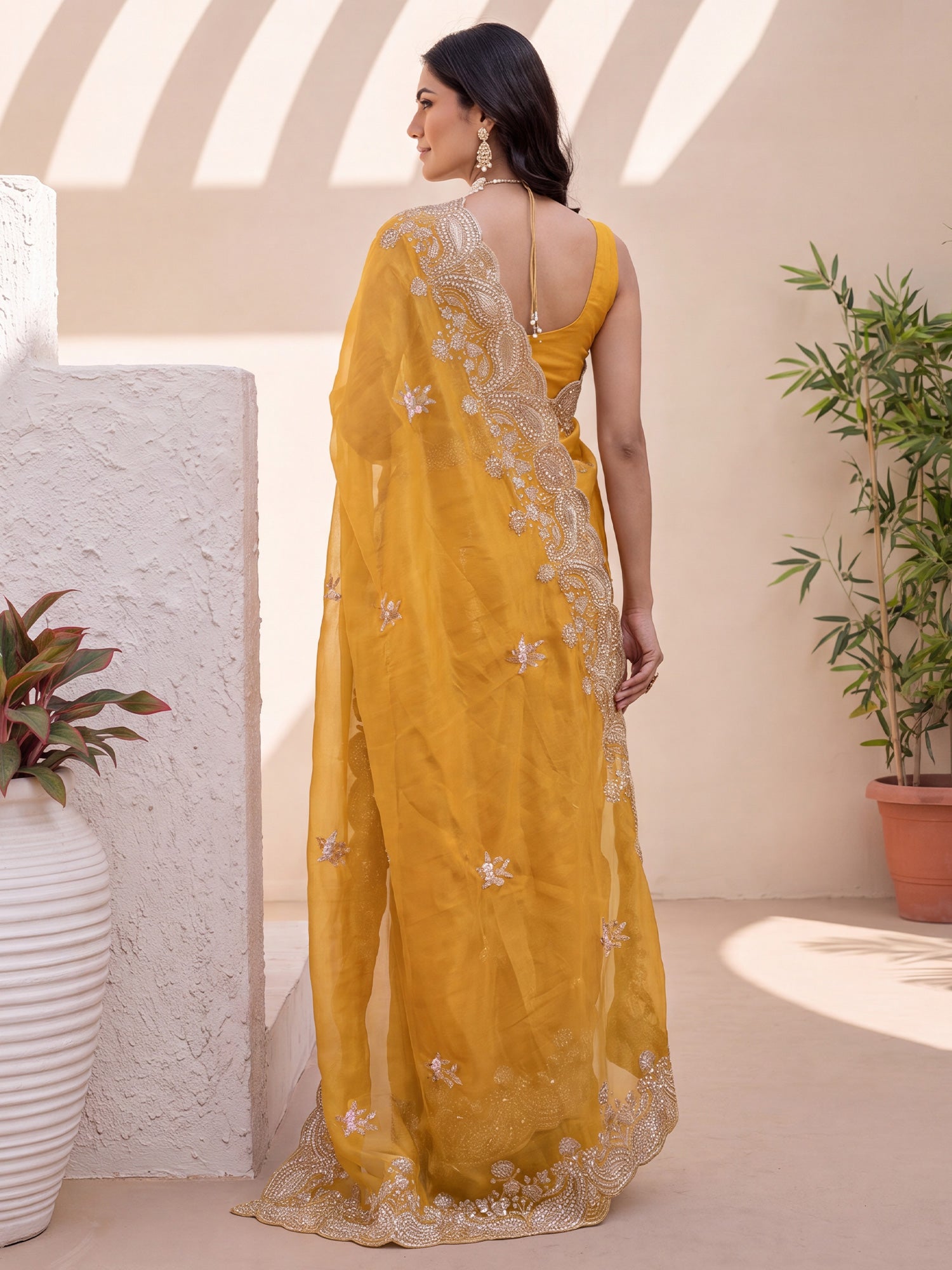 Mustard Satin saree – detail view 1