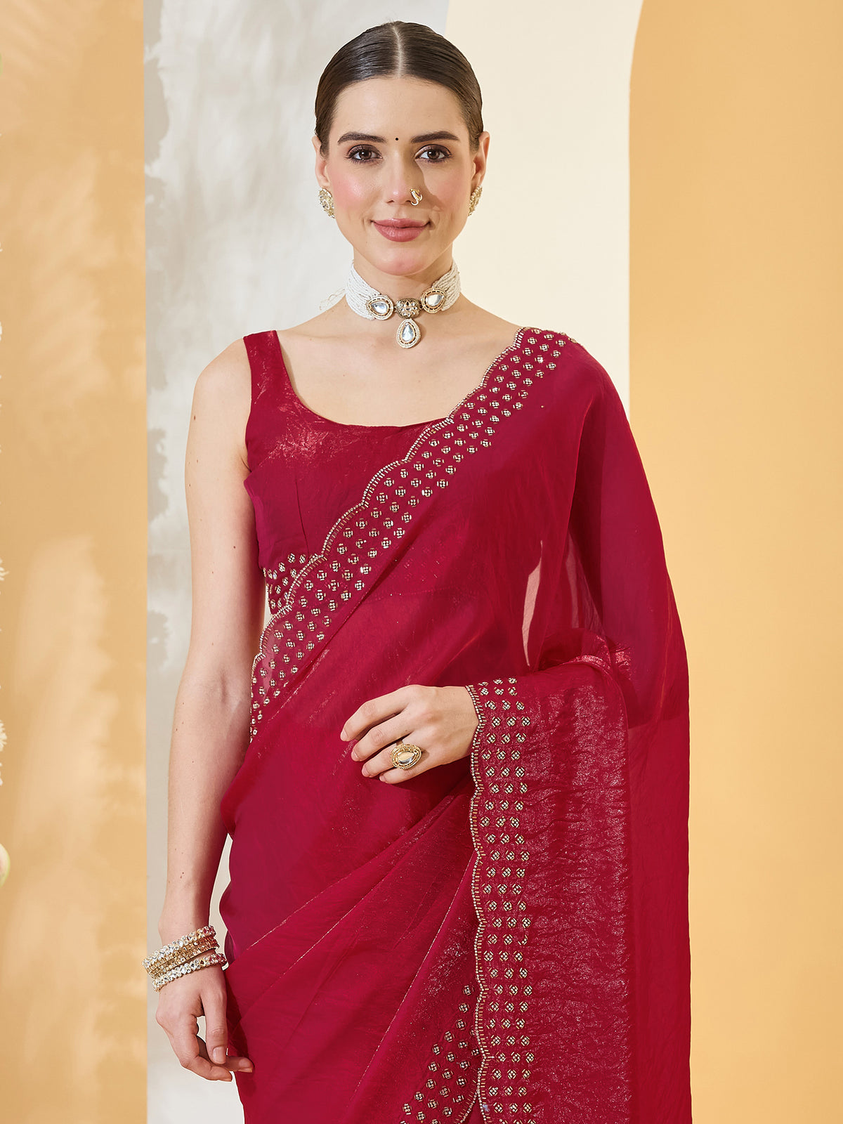 Red Satin saree – detail view 4