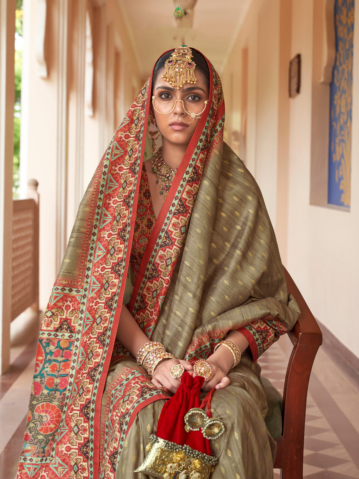 Olive silk blend saree view 1