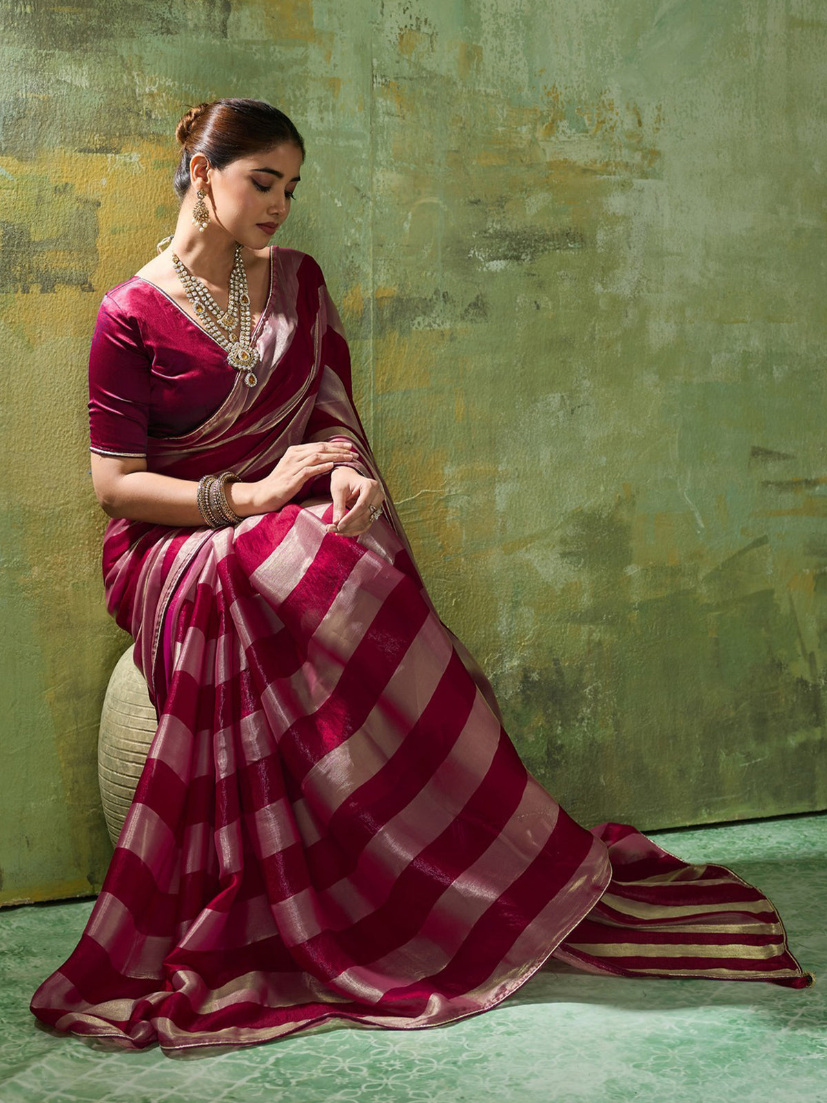 Wine Satin Silk saree – detail view 2
