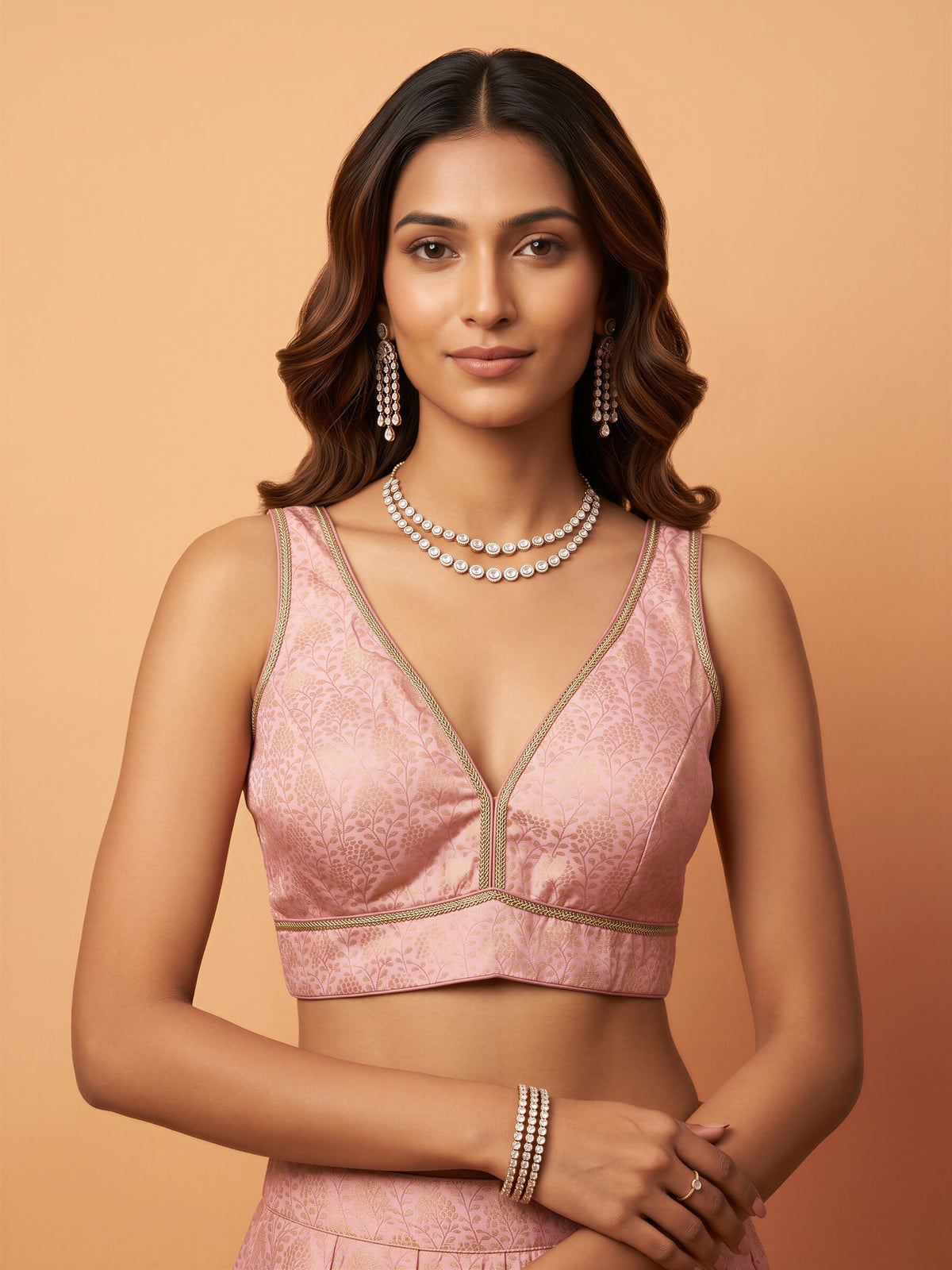 Pink woven brocade silk blend sleeveless readymade saree blouse with deep v neck