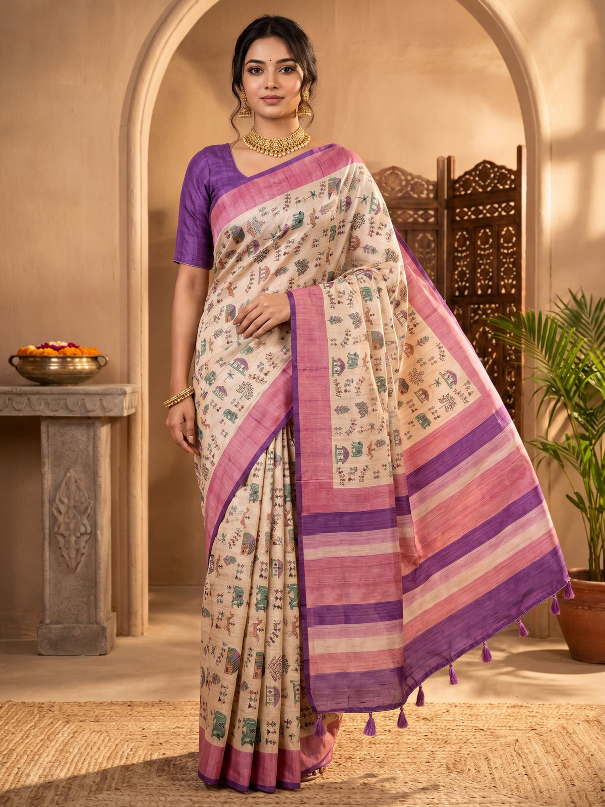 Beige tribal soft silk saree with purple blouse piece