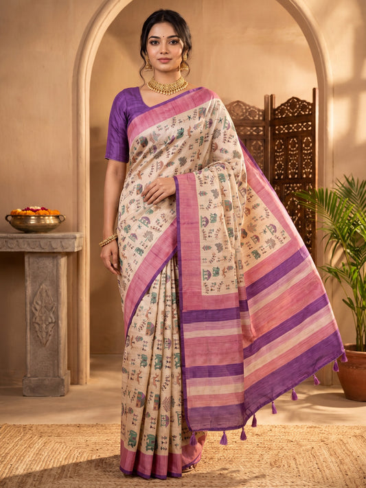 Beige tribal soft silk saree with purple blouse piece