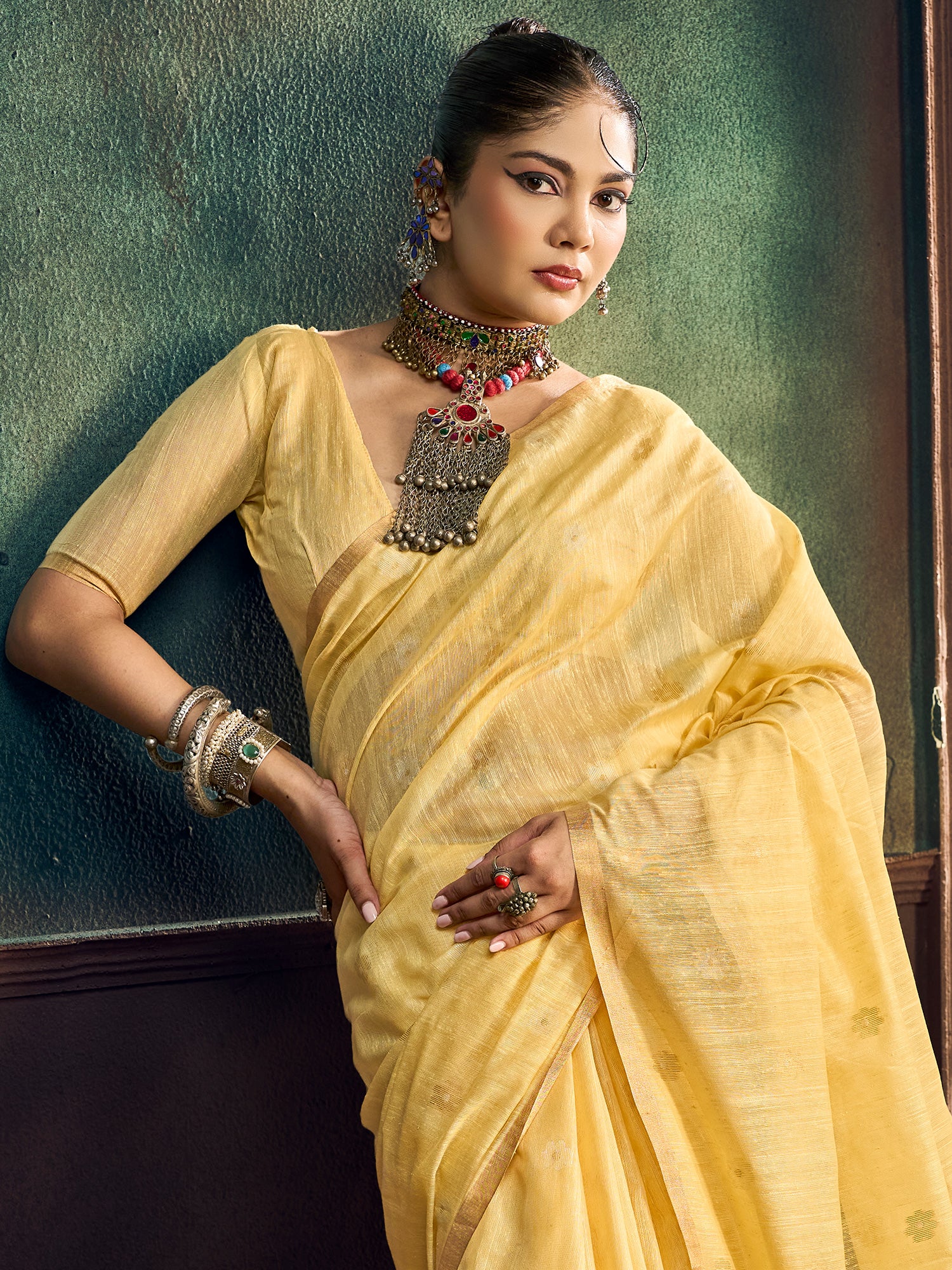Yellow Muga Cotton saree – detail view 4