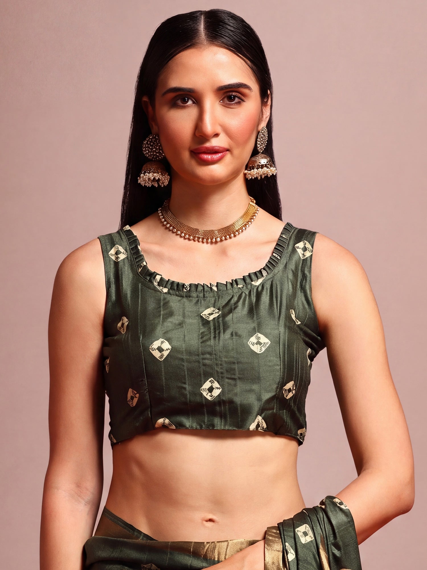 Unstitched dark green silk blend blouse piece with ethnic motif design