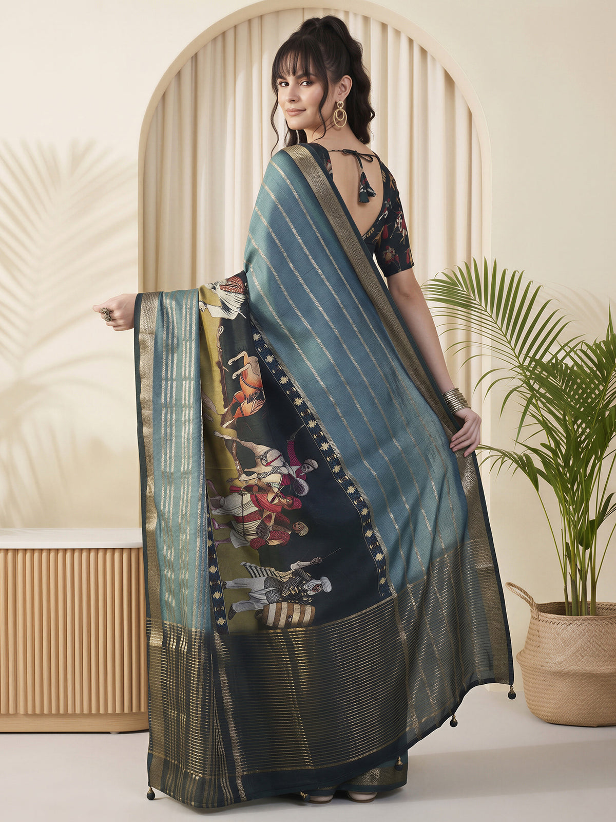 Teal Blue Viscose Silk saree – detail view 1