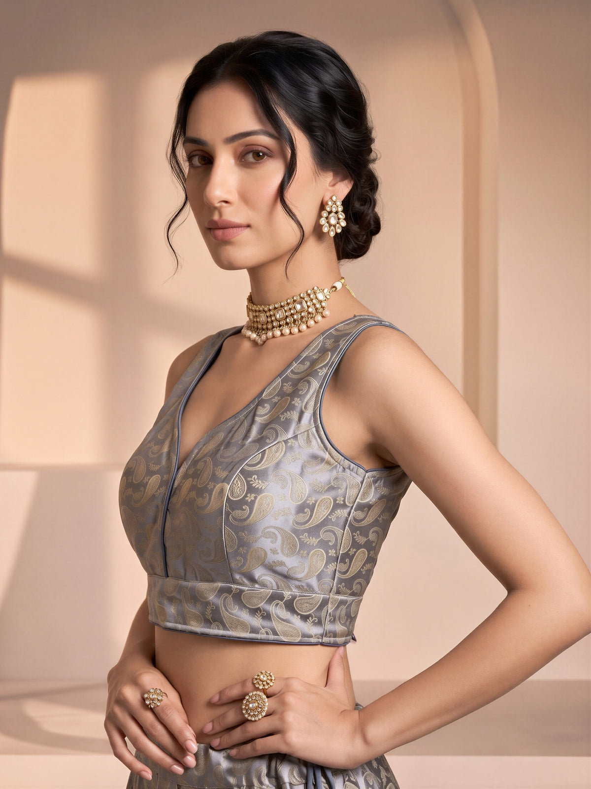 Grey woven brocade silk blend sleeveless readymade saree blouse with v neck view 1