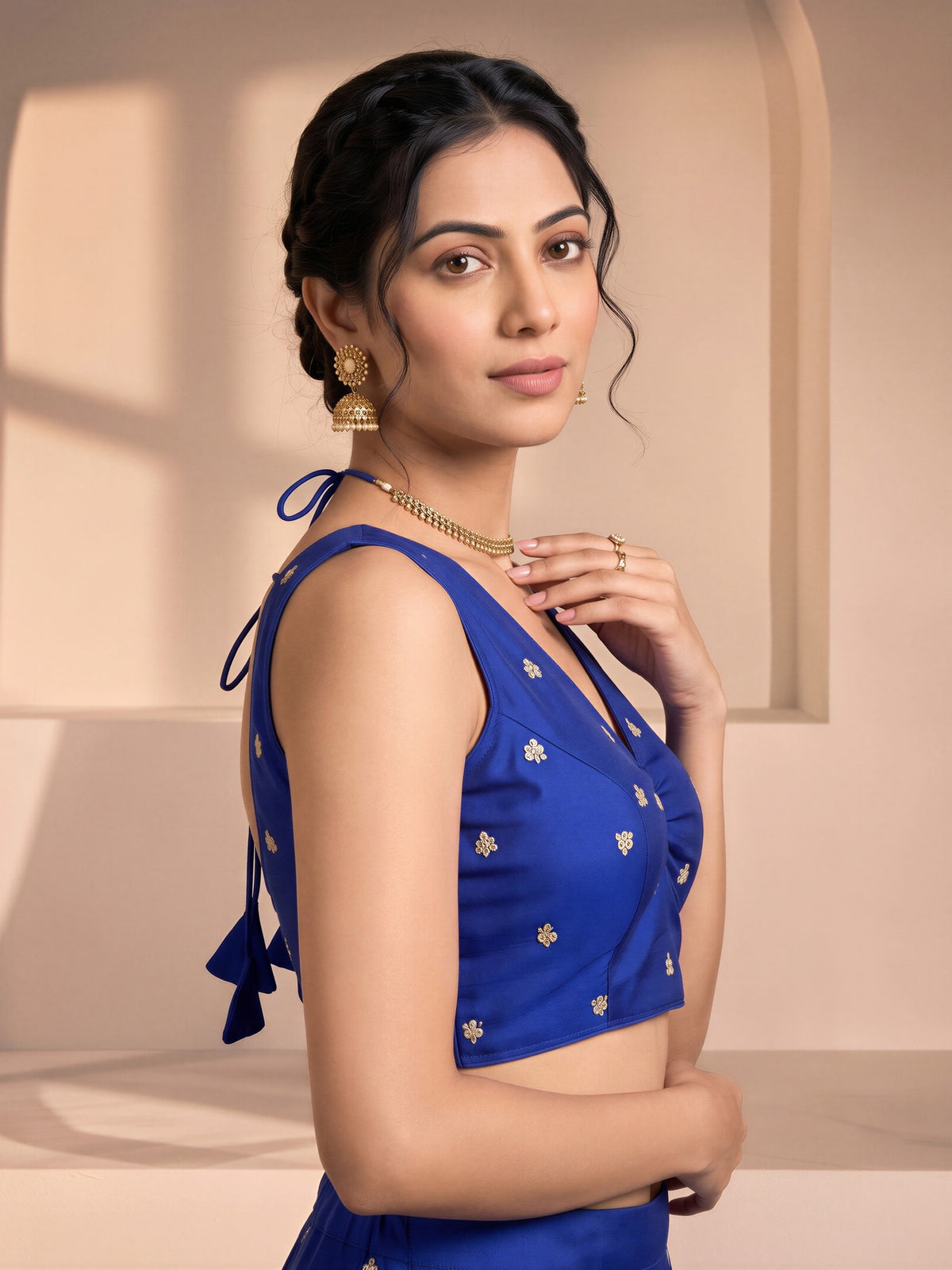 Blue sequin embellished vichitra silk sleeveless readymade saree blouse with v neck view 2