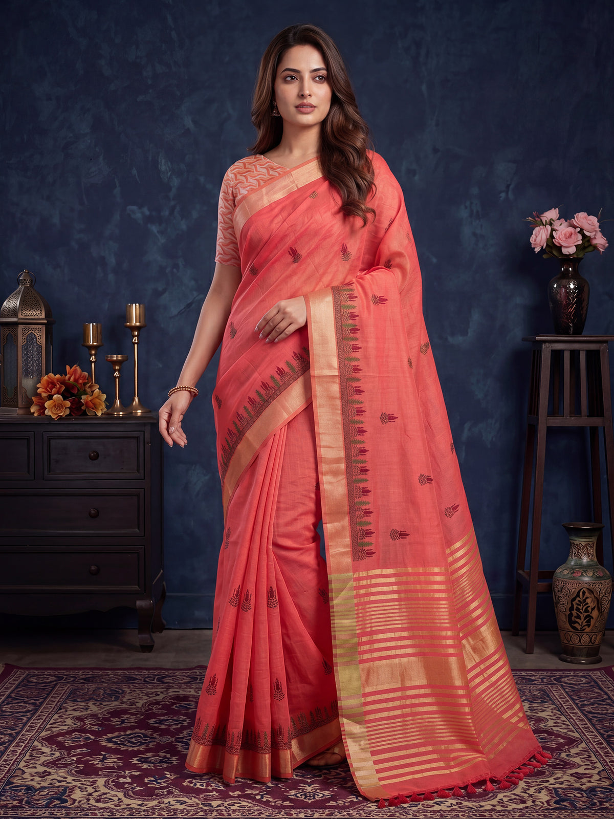 Peach Cotton Linen saree – detail view 2