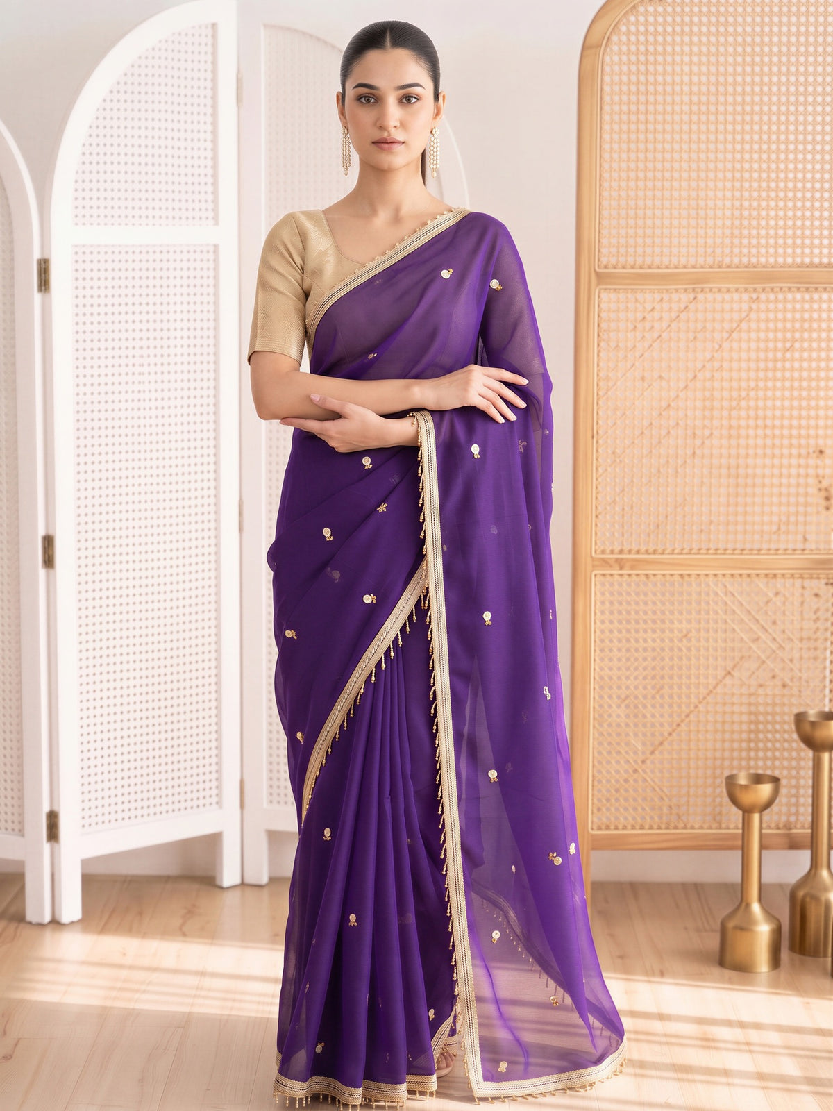 Purple poly georgette saree view 3