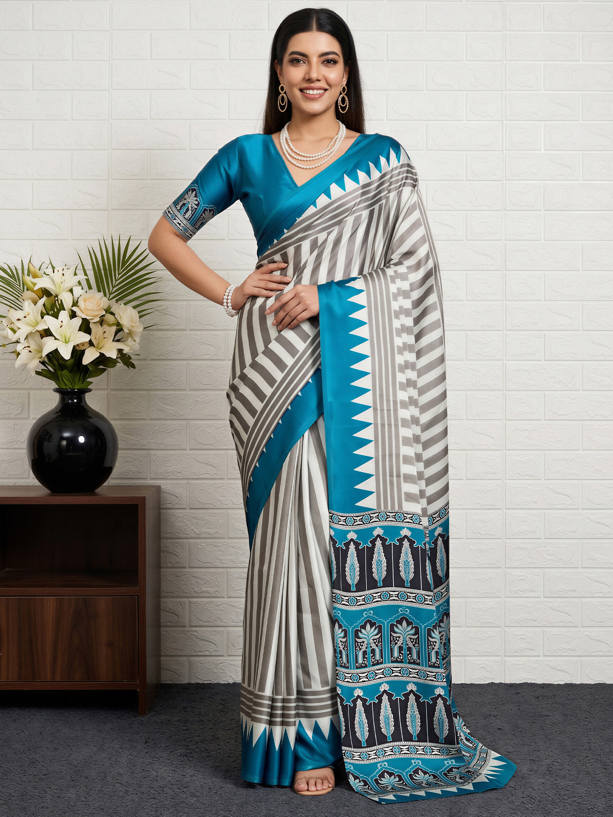 Teal Blue Satin saree – detail view 3