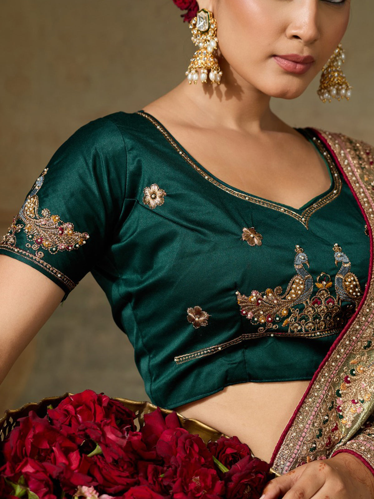 Unstitched dark green  blouse piece with embellished design