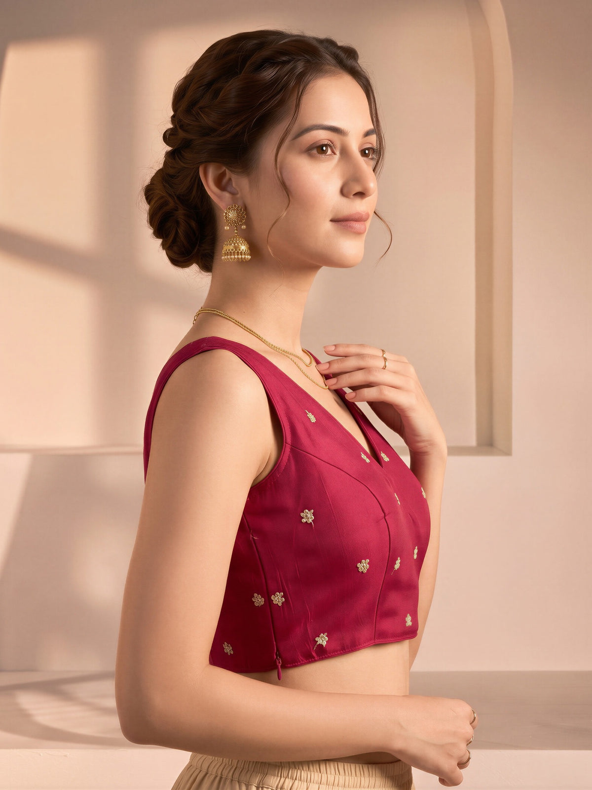 Red sequin embellished vichitra silk sleeveless readymade saree blouse with v neck view 2