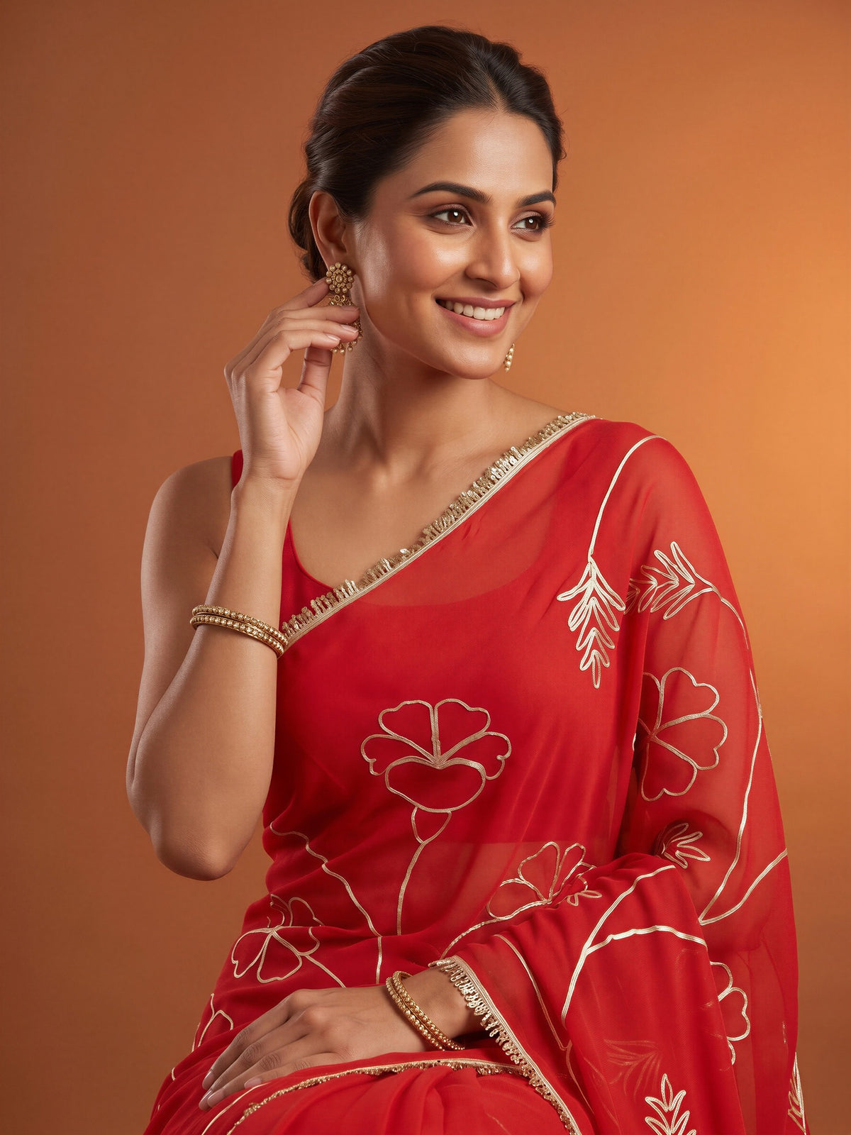 Red Georgette saree – detail view 4