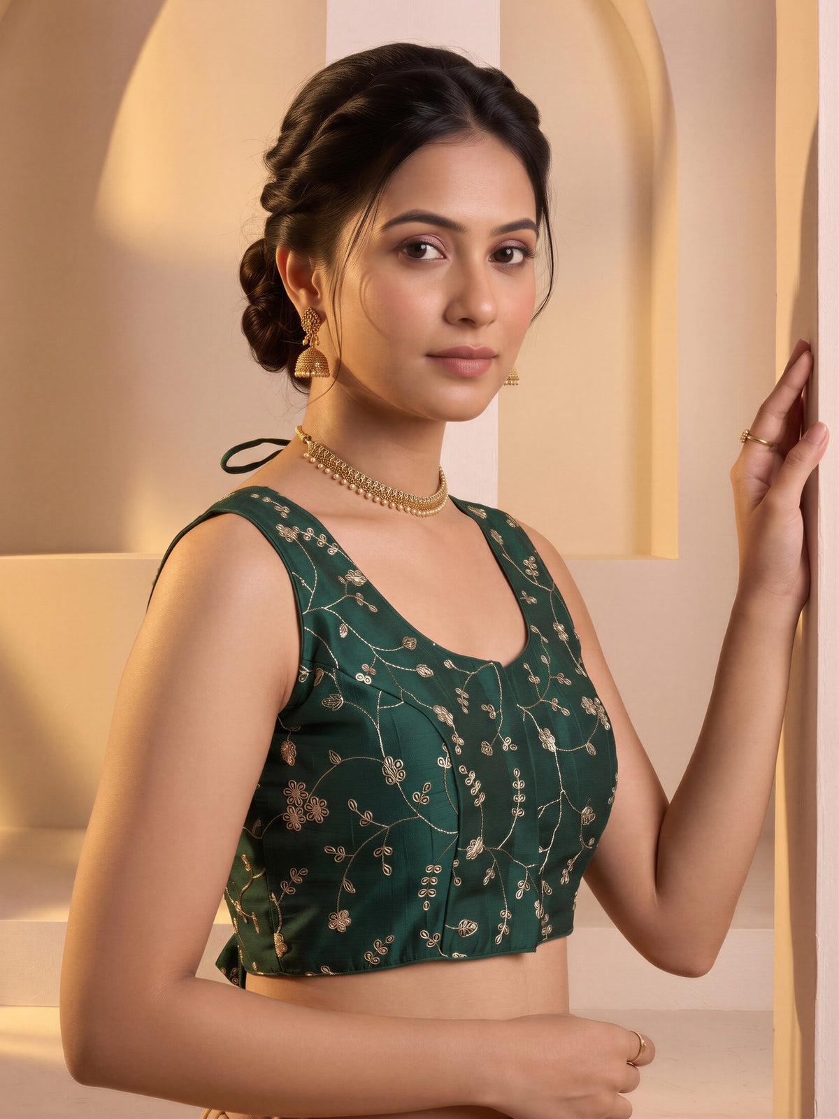 Green sequin embroidered vichitra silk sleeveless readymade saree blouse with round neck view 3