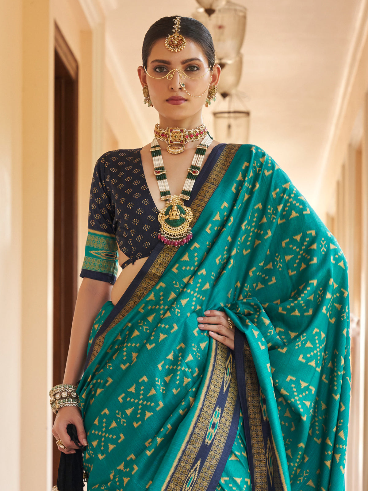Teal Blue silk blend saree view 2