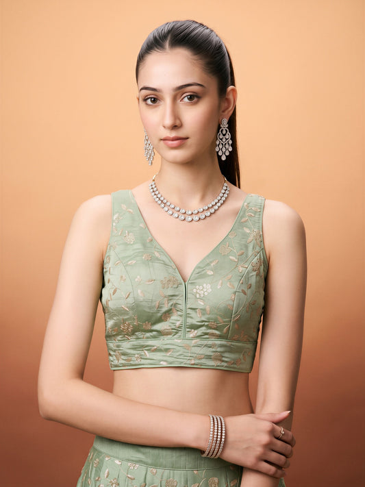 Sea Green sequin embellished silk blend sleeveless readymade saree blouse with v neck