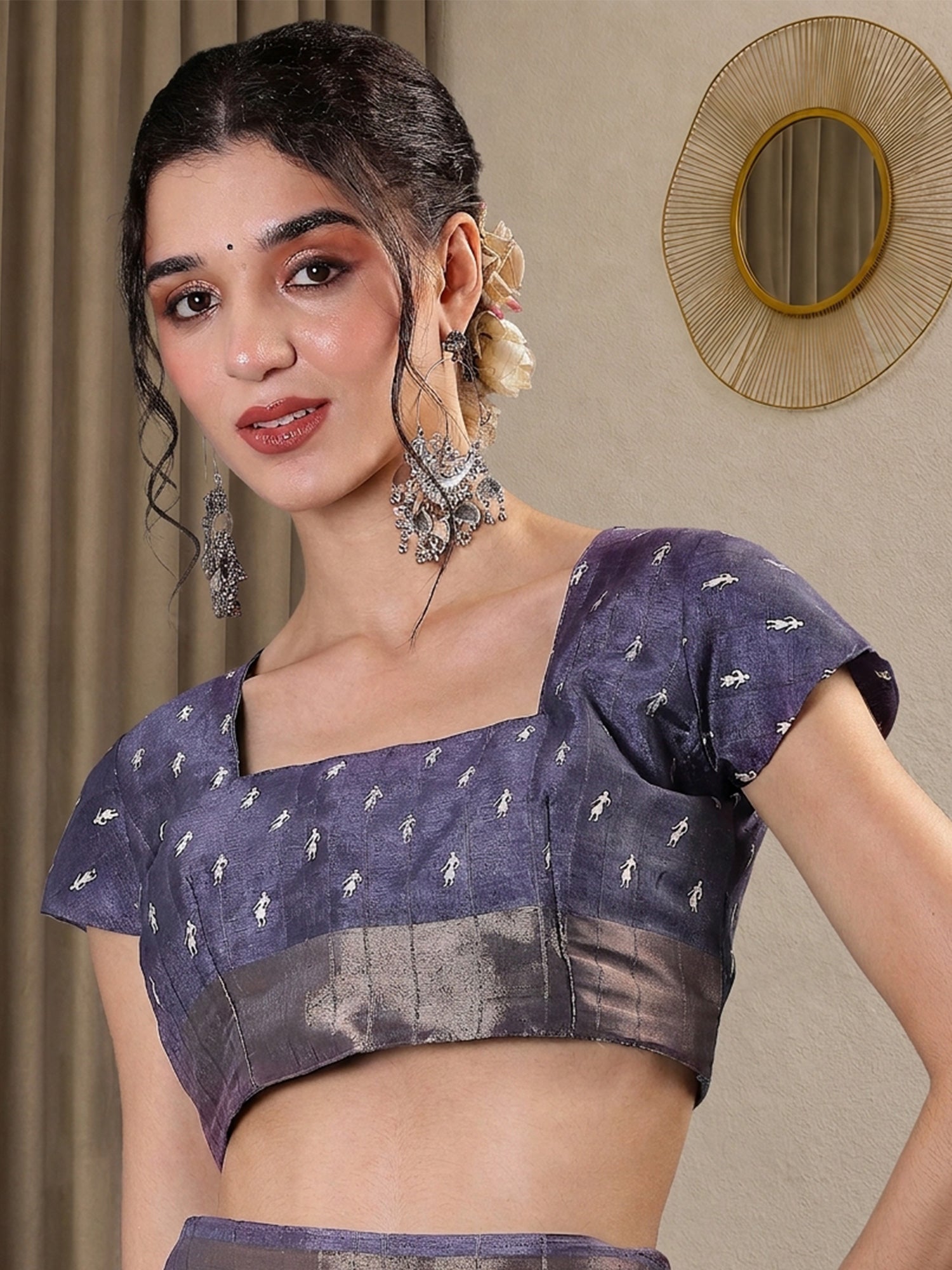 Unstitched light blue silk blend blouse piece with tribal design