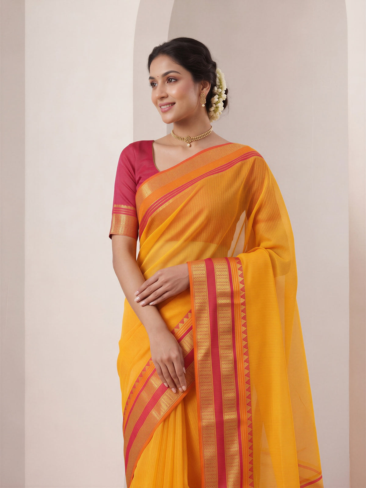 Mustard kota doria cotton saree view 4