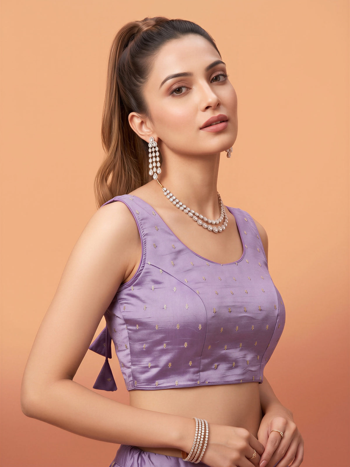 Lavender sequin embellished silk blend sleeveless readymade saree blouse with round neck view 3