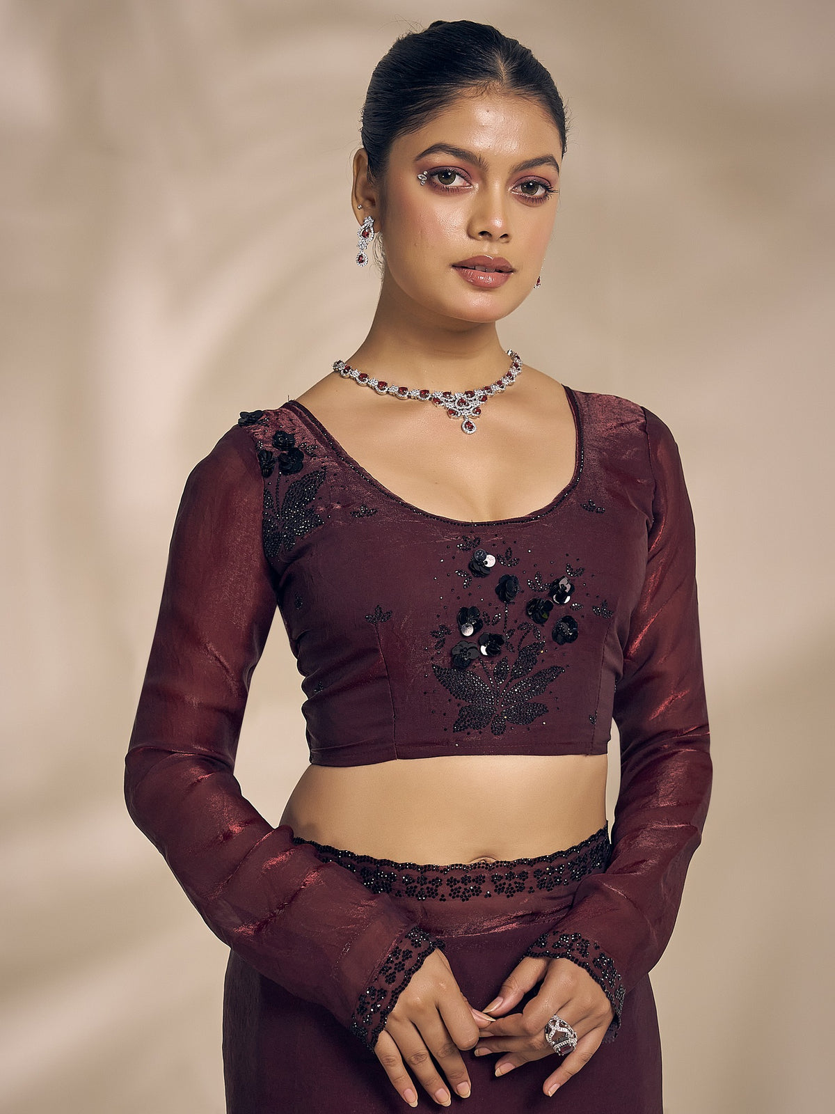 Wine satin silk saree view 5