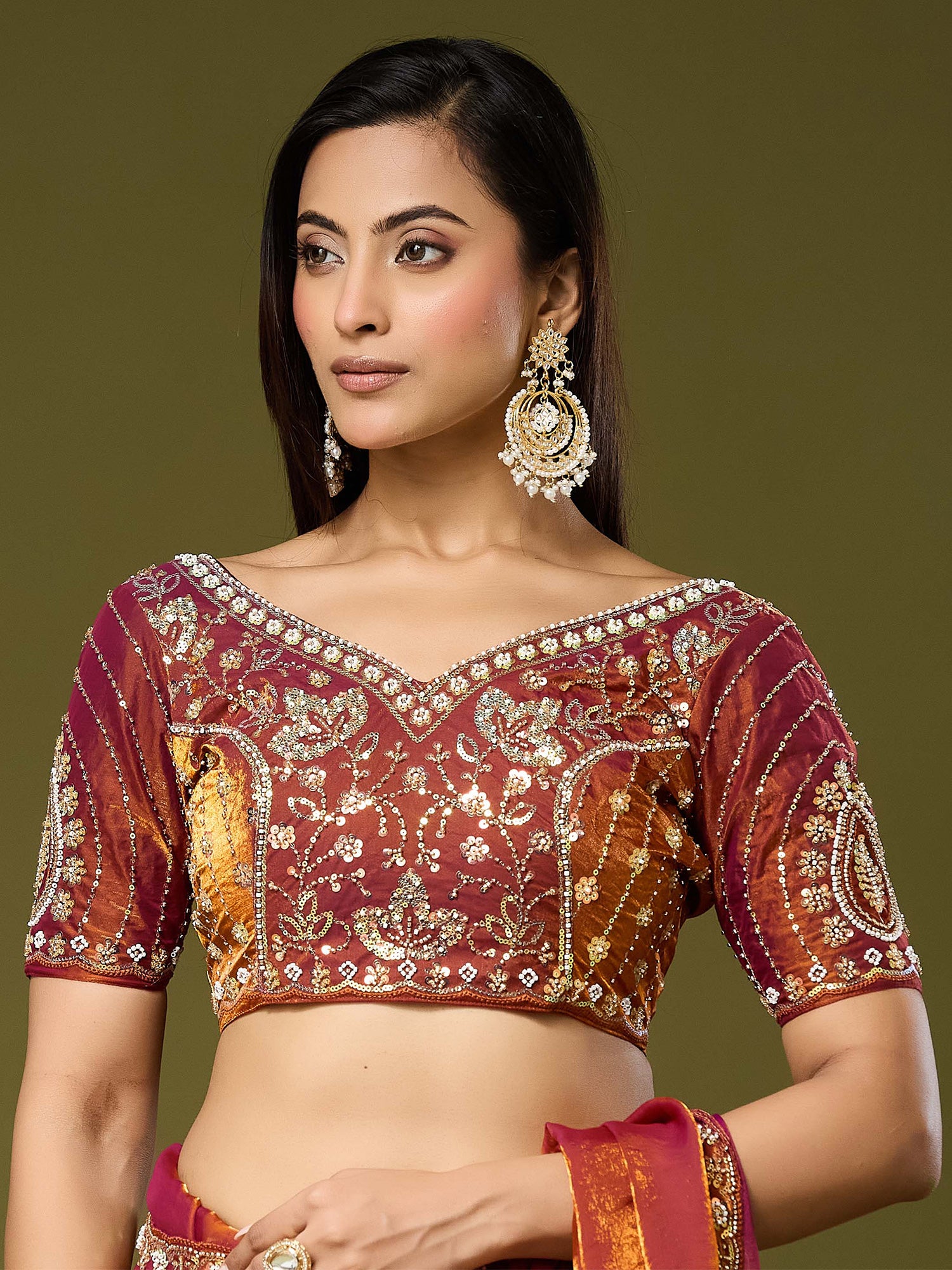 Unstitched orange satin silk blouse piece with embellished design