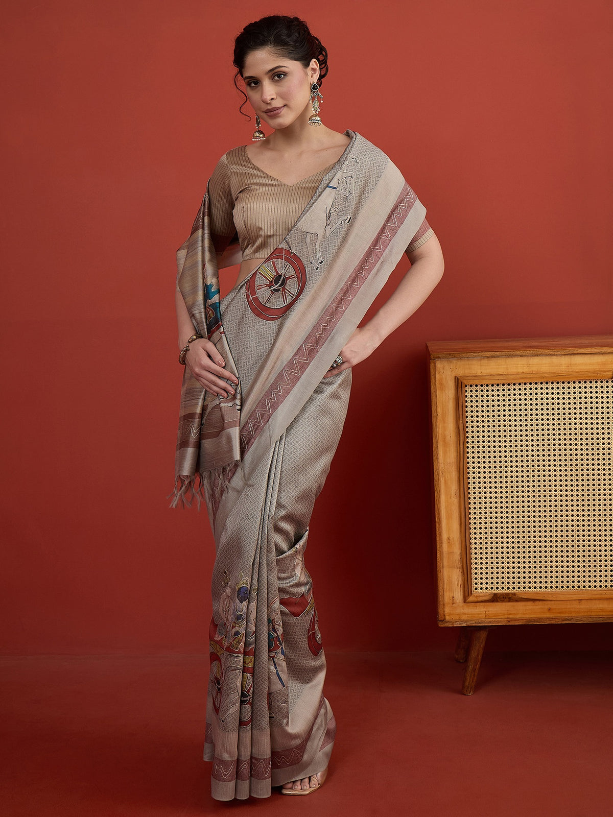 Beige art silk saree view 5
