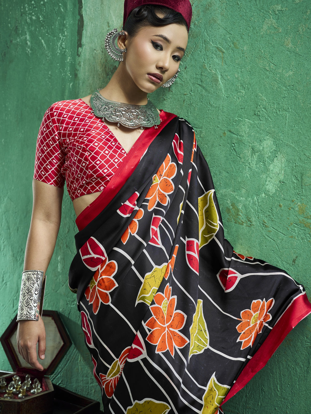 Black satin saree view 1
