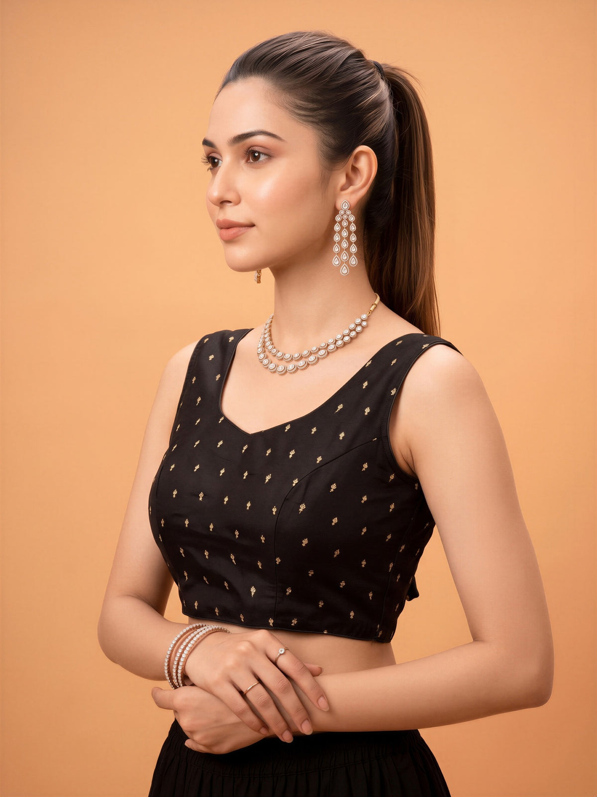 Black sequin embellished silk blend sleeveless readymade saree blouse with round neck view 2