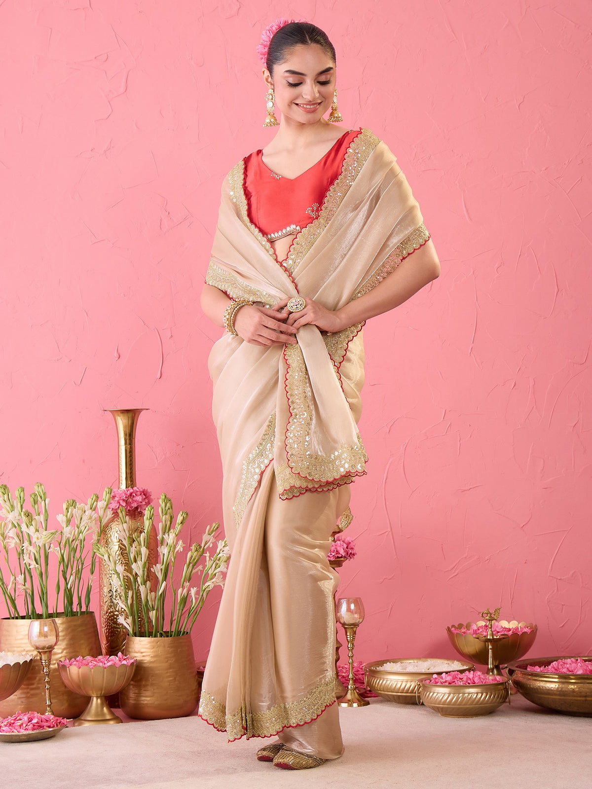 Beige Satin saree – detail view 2