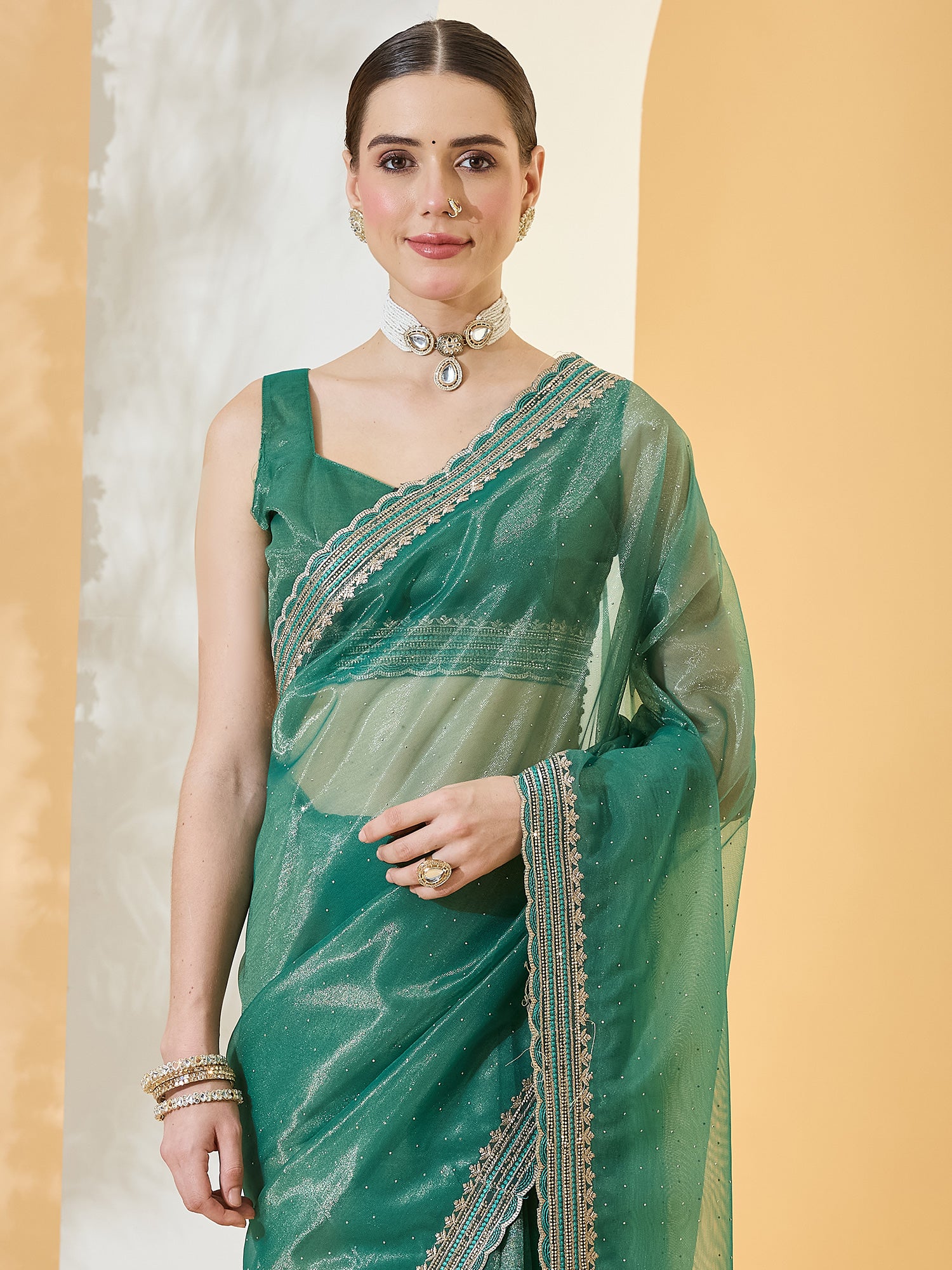 Teal Green Net saree – detail view 4