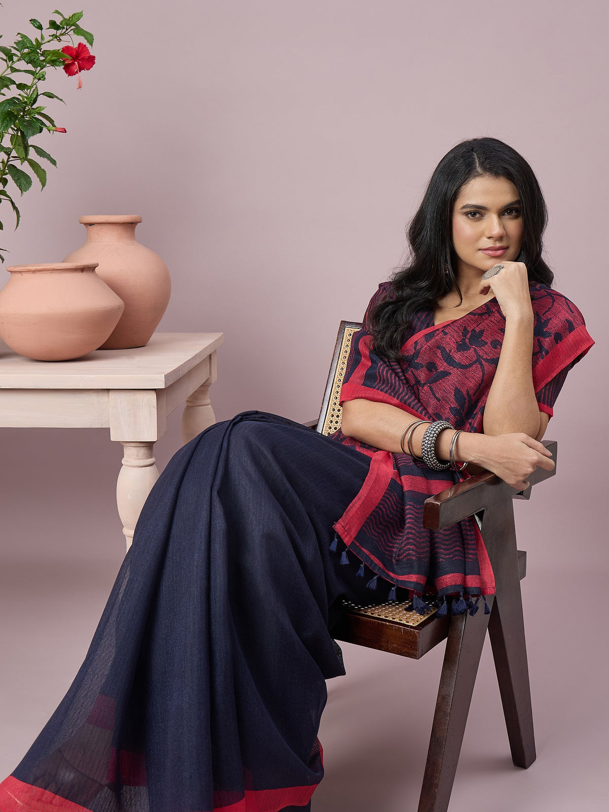 Navy Blue cotton slub saree view 3