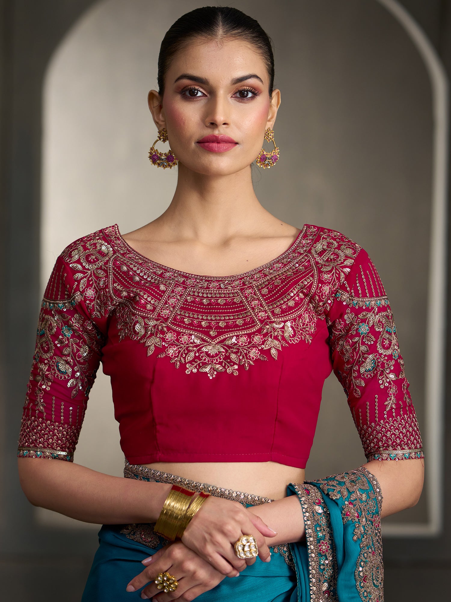 Unstitched red georgette blouse piece with embellished design