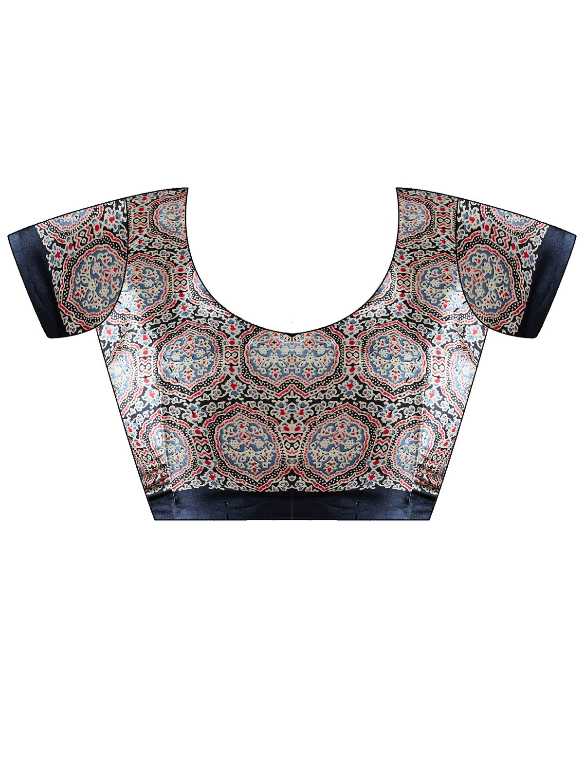 Unstitched black satin blouse piece with ajrak design