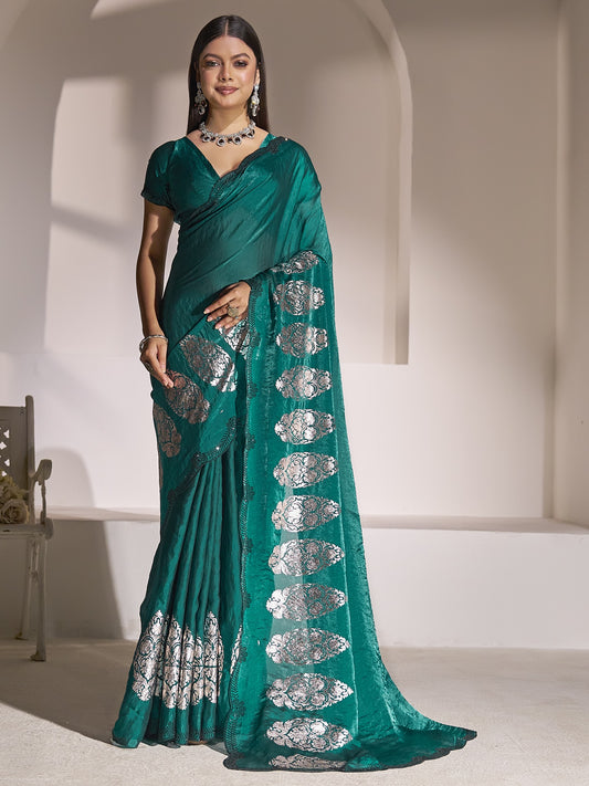 Teal Green foil satin silk saree with teal green blouse piece