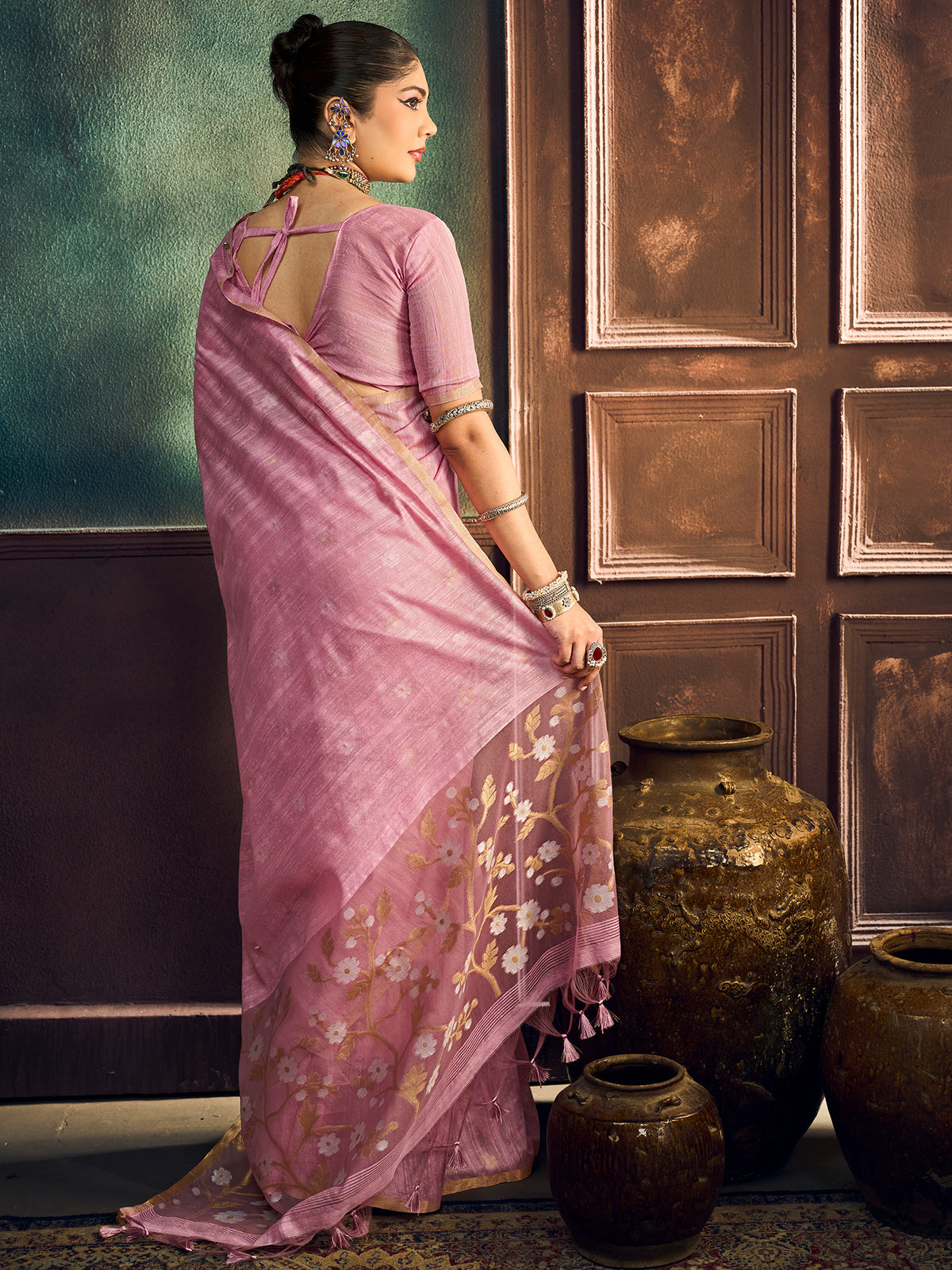 Pink Muga Cotton saree – detail view 1