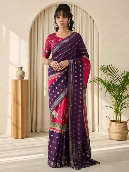 Woman wearing purple viscose silk saree with botanical floral and leaf design and pink blouse