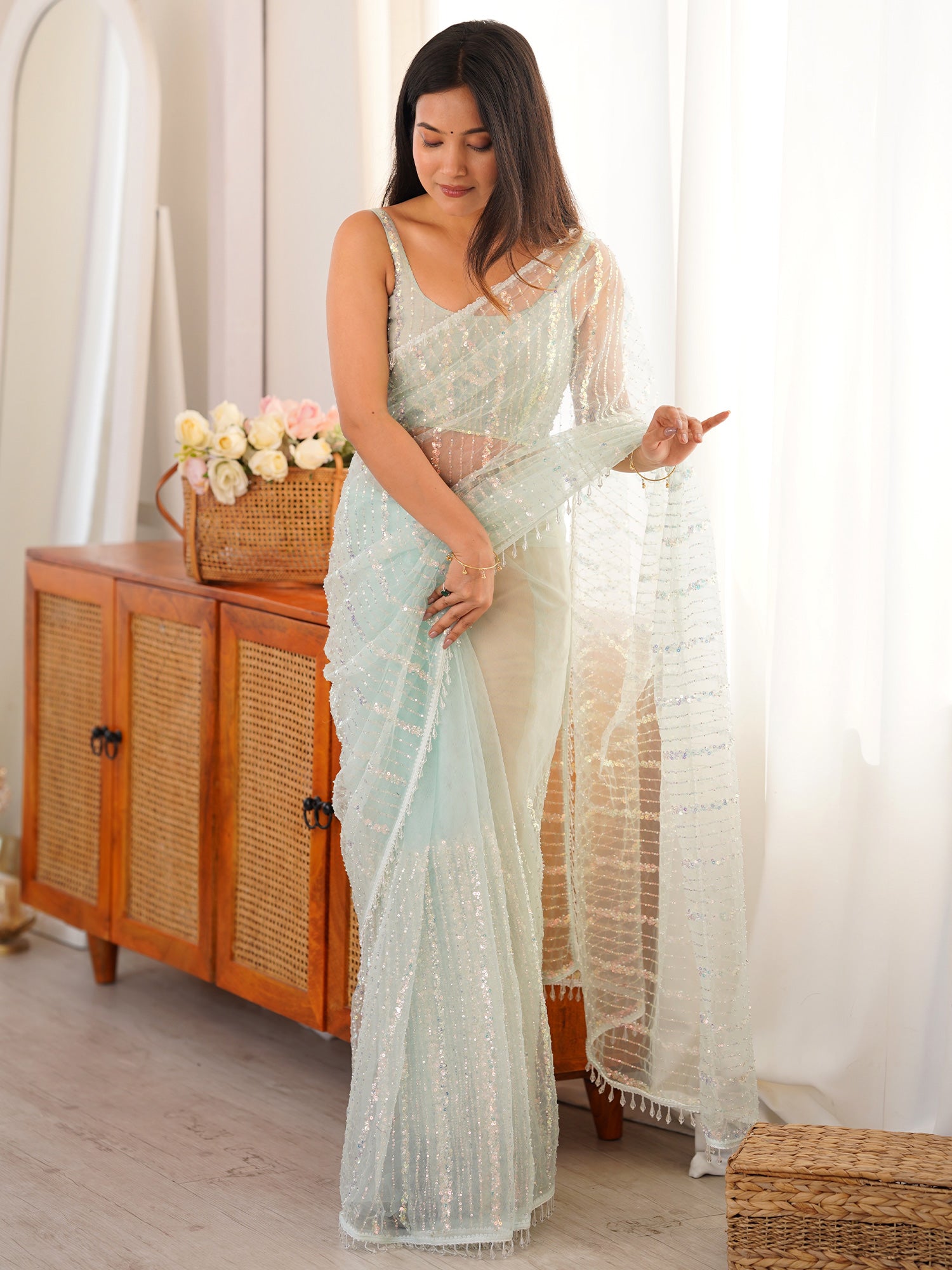 Light Blue Net saree – detail view 2