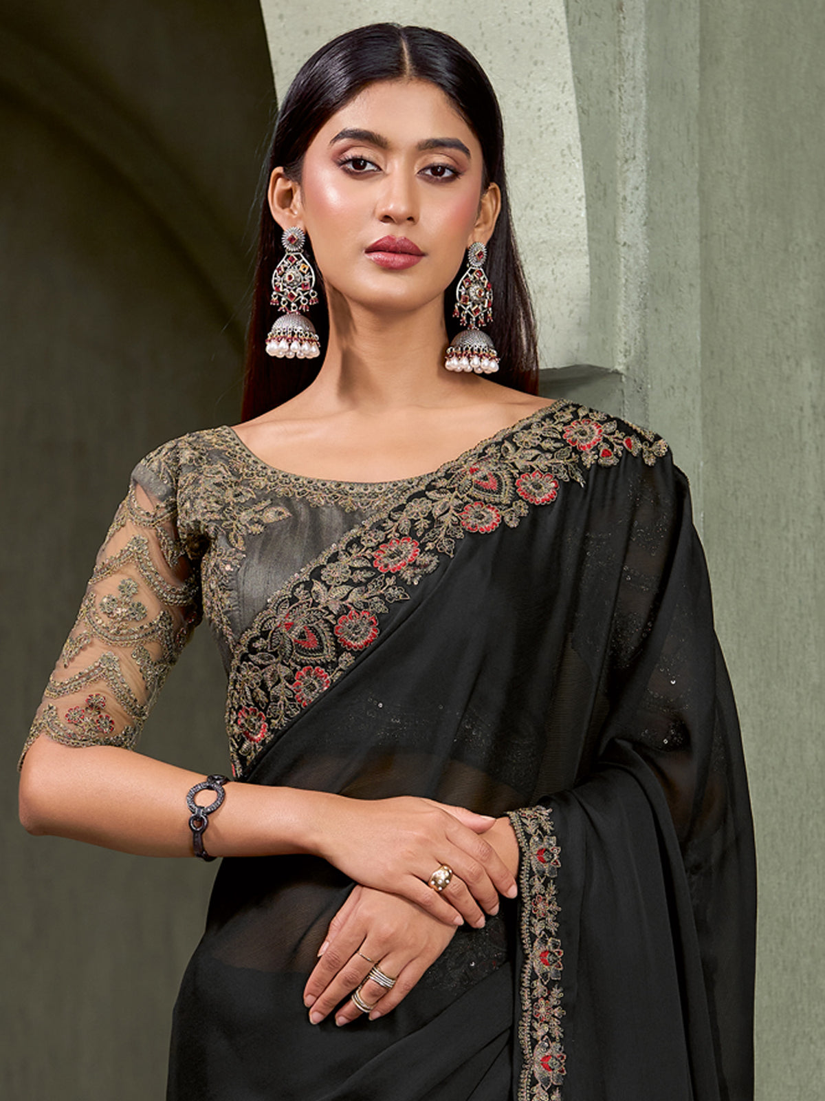 Black Chiffon saree – detail view 2