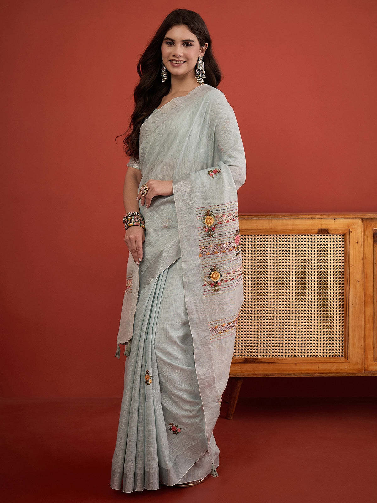 Light Blue linen blend saree view 4