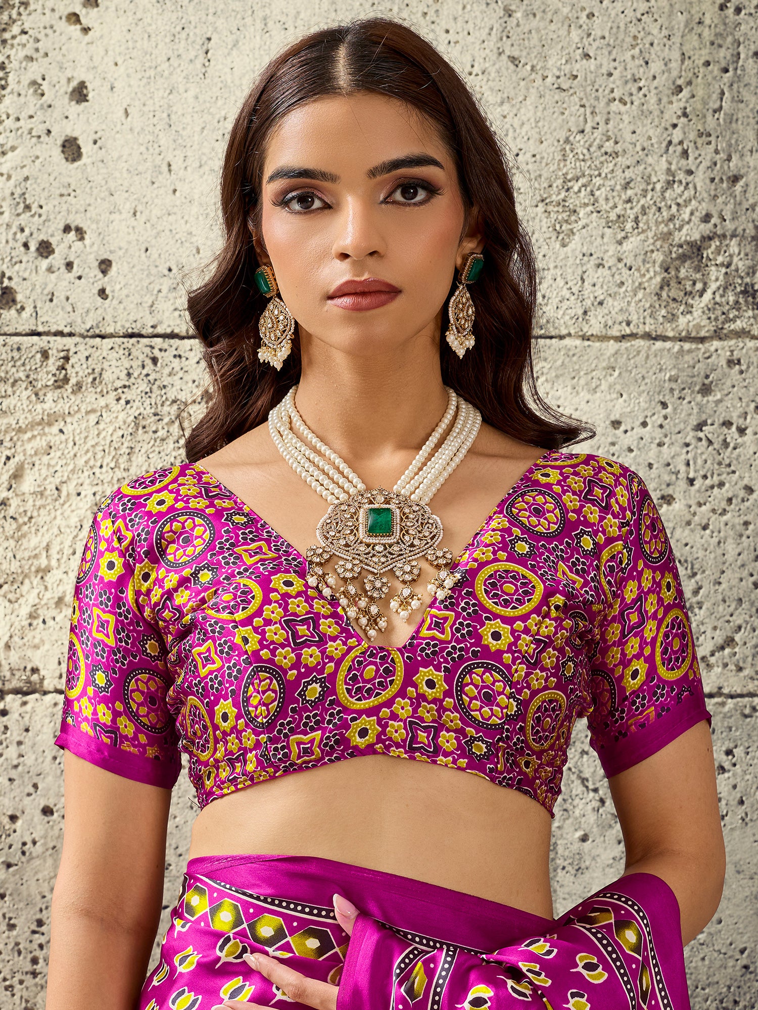 Unstitched magenta satin blouse piece with ajrak design
