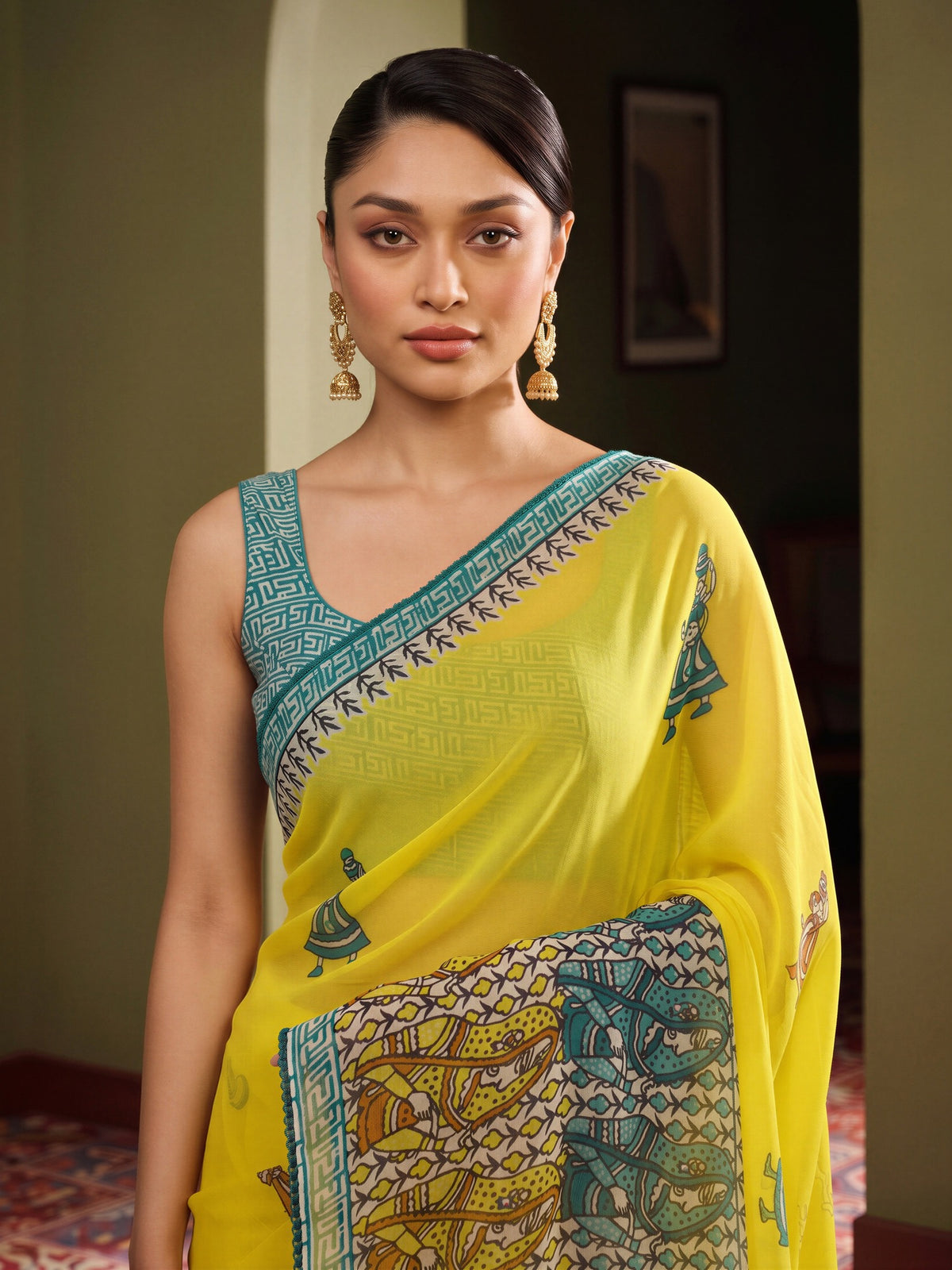 Yellow georgette saree view 4